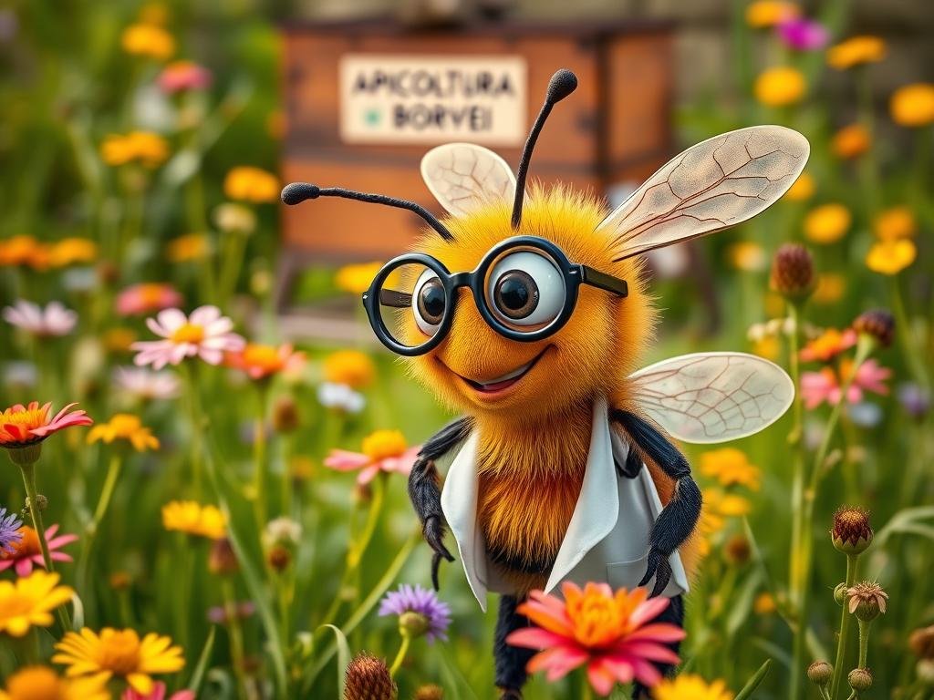 a detailed close-up of an animated, smart-looking bumblebee with a friendly, friendly expression, wearing reading glasses and a lab coat, standing in a lush green meadow full of colorful wildflowers and buzzing with activity, with a hive with the brand name "APICOLTURA BORVEI MIELE" in the background, using a warm, vibrant lighting that highlights the bee's features and the natural setting, shot with a shallow depth of field to draw the viewer's attention to the central subject.
