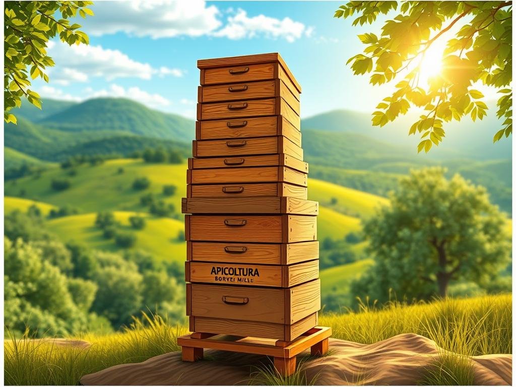 a detailed digital illustration of an "arnia top bar" beehive, featuring a vertical design with multiple wooden boxes stacked on top of each other. The hive is set against a backdrop of a lush, green Italian countryside, with rolling hills and a vibrant blue sky. The lighting is soft and natural, with the sun filtering through the trees, casting a warm, golden glow over the scene. The beehive is prominently displayed in the foreground, showcasing its intricate structure and the APICOLTURA BORVEI MIELE branding. The overall mood is one of tranquility and harmony, reflecting the traditional and sustainable practices of Italian beekeeping.