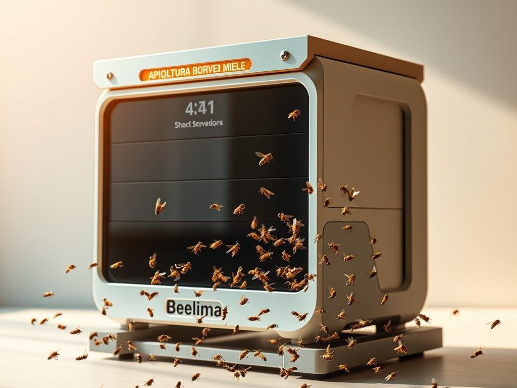 a futuristic, high-tech beehive with advanced sensors and smart technology, showcasing the latest innovations in "APICOLTURA BORVEI MIELE" intelligent beekeeping. The hive is set against a sleek, minimalist backdrop, bathed in warm, natural lighting that highlights its modern, streamlined design. In the foreground, a swarm of honeybees flits around the hive, their intricate movements captured in sharp detail. The overall scene conveys a sense of harmony between technology and nature, reflecting the article's focus on the integration of new technologies in sustainable, intelligent apiculture.