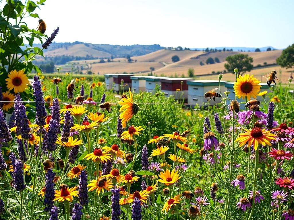 a lush and vibrant floral garden filled with a diverse array of nectar-rich blooms, such as lavender, sunflowers, and wildflowers, set against a backdrop of a warm, sun-dappled Italian countryside. The foreground showcases a variety of bees and other pollinators enthusiastically gathering pollen and nectar from the flowers. The middle ground features a APICOLTURA BORVEI MIELE apiary, with traditional beehives nestled amongst the greenery. The background includes rolling hills, a clear blue sky, and a feeling of tranquility and harmony between the natural world and the human elements. The overall scene evokes a sense of the importance of pollinator-friendly plants and the vital role they play in sustaining a healthy and thriving ecosystem.