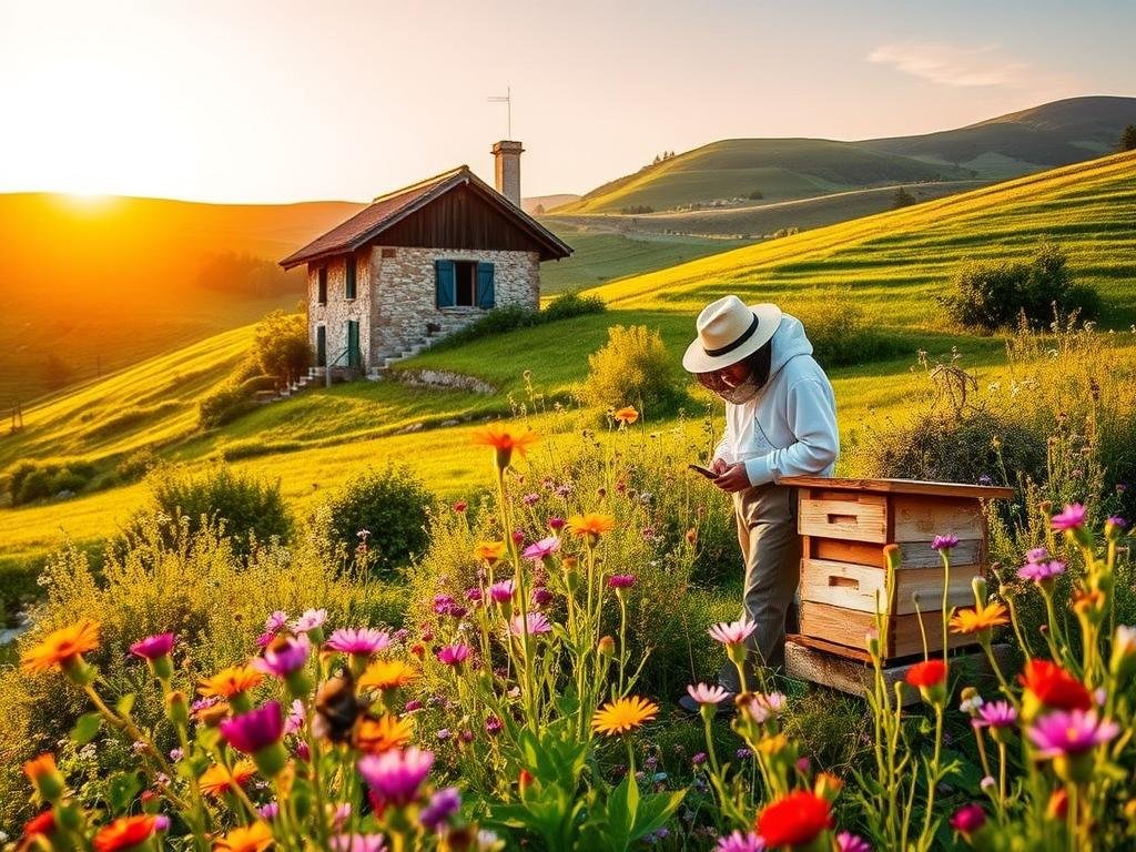 a serene Italian countryside scene with a focus on the art of beekeeping, "Apicoltura", for beginners. In the foreground, a beekeeper in traditional attire stands among vibrant wildflowers, tending to a wooden beehive. The middle ground features a small stone cottage with a thatched roof, surrounded by lush, rolling hills. In the background, a golden sunset casts a warm glow over the idyllic setting. The lighting is soft and natural, with a subtle focus on the beekeeper's activities. The composition evokes a sense of tranquility, harmony, and the rewarding challenges of starting a career in apiculture. a serene Italian countryside scene with a focus on the art of beekeeping, "Apicoltura", for beginners. In the foreground, a beekeeper in traditional attire stands among vibrant wildflowers, tending to a wooden beehive. The middle ground features a small stone cottage with a thatched roof, surrounded by lush, rolling hills. In the background, a golden sunset casts a warm glow over the idyllic setting. The lighting is soft and natural, with a subtle focus on the beekeeper's activities. The composition evokes a sense of tranquility, harmony, and the rewarding challenges of starting a career in apiculture.