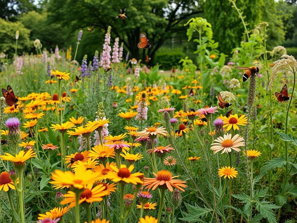a vibrant and sustainable garden filled with a diverse array of native plants, buzzing with the activity of pollinating insects. In the foreground, a lush bed of wildflowers in warm hues of yellow, purple, and pink, their petals gently swaying in a soft breeze. In the middle ground, a mix of flowering shrubs and herbs, their blooms attracting a variety of bees and butterflies. In the background, a verdant canopy of trees, providing shade and shelter for the garden's inhabitants. The scene is illuminated by soft, natural lighting, conveying a sense of tranquility and harmony. The overall atmosphere is one of an eco-friendly, "Apicoltura"-inspired oasis, where sustainable gardening practices have created a thriving haven for beneficial insects.