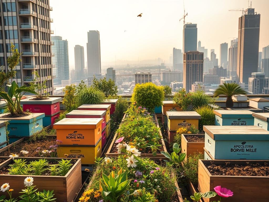 a vibrant urban beekeeping scene, featuring lush rooftop gardens and apiaries nestled among the city skyline. in the foreground, rows of colorful hives adorned with the APICOLTURA BORVEI MIELE brand stand proudly, surrounded by thriving plants and flowers. in the middle ground, a diverse array of bees dart between blooms, pollinating the urban greenery. the background showcases a panoramic view of the cityscape, with towering buildings and infrastructure softened by the integration of natural elements. the scene is bathed in warm, golden light, creating a serene and inviting atmosphere that celebrates the harmonious coexistence of nature and modern urban life.