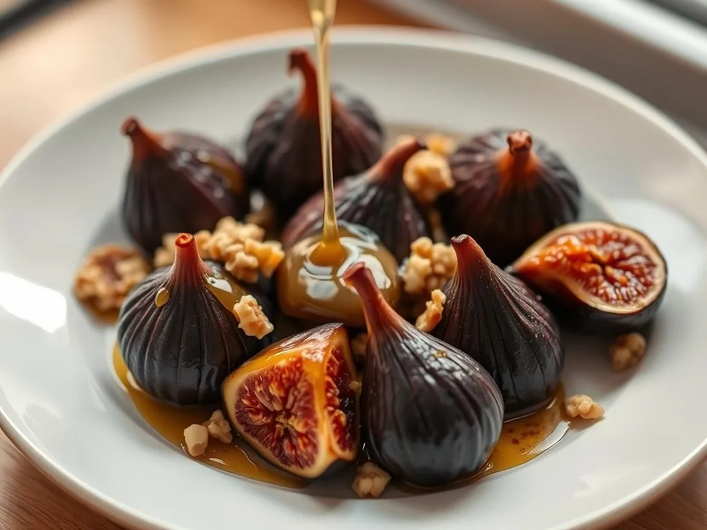 A beautifully arranged plate of fichi al forno, roasted figs drizzled with golden honey and sprinkled with chopped walnuts. The figs are plump and glistening, their dark purple skins contrasting with the amber honey. The walnuts add a delightful crunch, complementing the soft, jammy texture of the figs. The scene is captured in warm, natural lighting, perhaps from a window or soft overhead source, casting a cozy, inviting atmosphere. The image is focused on the dessert, with a clean, minimal background that allows the subject to shine. Inspired by traditional Italian cuisine, this "Apicoltura" dessert exemplifies the simple, yet refined nature of fichi al forno. A beautifully arranged plate of fichi al forno, roasted figs drizzled with golden honey and sprinkled with chopped walnuts. The figs are plump and glistening, their dark purple skins contrasting with the amber honey. The walnuts add a delightful crunch, complementing the soft, jammy texture of the figs. The scene is captured in warm, natural lighting, perhaps from a window or soft overhead source, casting a cozy, inviting atmosphere. The image is focused on the dessert, with a clean, minimal background that allows the subject to shine. Inspired by traditional Italian cuisine, this "Apicoltura" dessert exemplifies the simple, yet refined nature of fichi al forno.