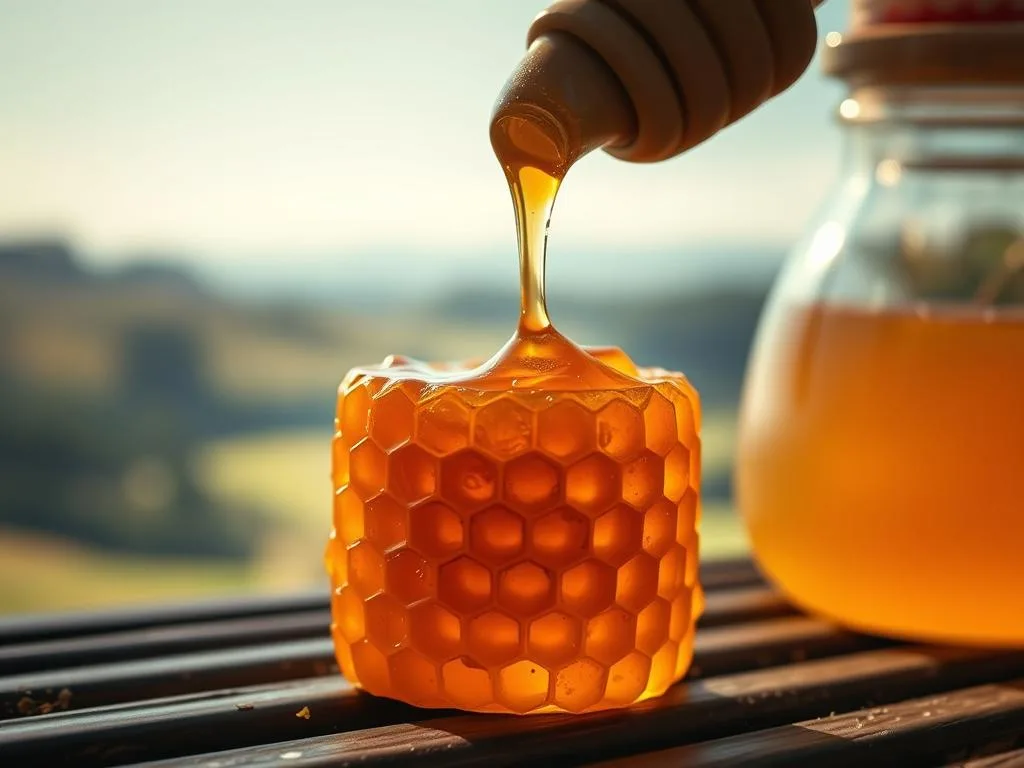 A beautifully crafted artisanal honey, meticulously produced by the skilled hands of beekeepers at Apicoltura. A warm, golden hue glimmers under soft, natural lighting, beckoning the viewer to savor its rich, floral notes. In the foreground, a delicate honeycomb structure stands as a testament to the care and attention poured into each batch. The middle ground features a serene, pastoral landscape, with rolling hills and a distant forest, hinting at the provenance of this exceptional honey. The background subtly fades into a dreamy, soft-focus atmosphere, evoking a sense of artisanal craftsmanship and the timeless traditions of Italian beekeeping. This image captures the essence of why one should choose artisanal honey over its mass-produced counterpart. A beautifully crafted artisanal honey, meticulously produced by the skilled hands of beekeepers at Apicoltura. A warm, golden hue glimmers under soft, natural lighting, beckoning the viewer to savor its rich, floral notes. In the foreground, a delicate honeycomb structure stands as a testament to the care and attention poured into each batch. The middle ground features a serene, pastoral landscape, with rolling hills and a distant forest, hinting at the provenance of this exceptional honey. The background subtly fades into a dreamy, soft-focus atmosphere, evoking a sense of artisanal craftsmanship and the timeless traditions of Italian beekeeping. This image captures the essence of why one should choose artisanal honey over its mass-produced counterpart.