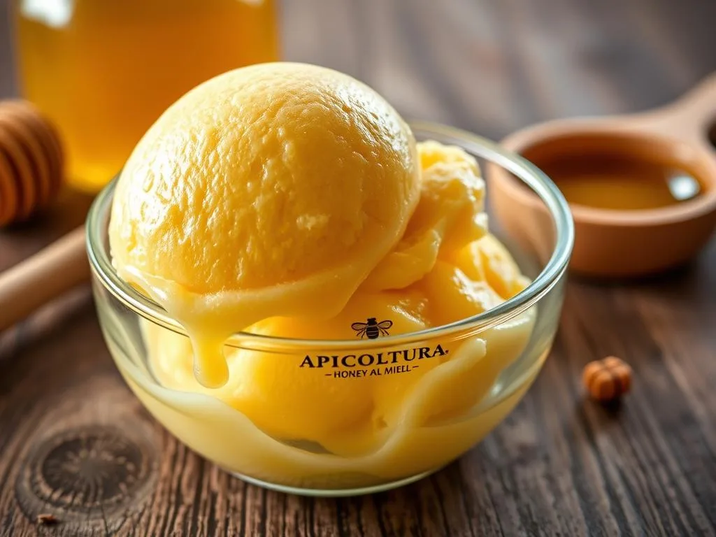 A beautifully crafted gelato al miele, its golden hue gleaming under the soft light. Smooth and creamy, the honey-infused treat is presented in a glass bowl, inviting the viewer to indulge. The Apicoltura brand logo is subtly visible, a testament to the artisanal quality. In the background, a rustic wooden table sets the scene, evoking the warmth and simplicity of homemade delights. The overall composition captures the essence of the "Procedimento passo per passo" section, showcasing the natural and delicious nature of this honey-based gelato. A beautifully crafted gelato al miele, its golden hue gleaming under the soft light. Smooth and creamy, the honey-infused treat is presented in a glass bowl, inviting the viewer to indulge. The Apicoltura brand logo is subtly visible, a testament to the artisanal quality. In the background, a rustic wooden table sets the scene, evoking the warmth and simplicity of homemade delights. The overall composition captures the essence of the "Procedimento passo per passo" section, showcasing the natural and delicious nature of this honey-based gelato.