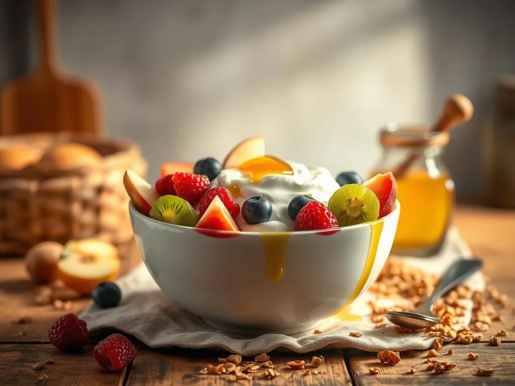 A beautifully lit, artisanal breakfast scene featuring a large bowl of creamy Greek yogurt, fresh seasonal fruit (such as sliced apples, berries, and kiwi), a drizzle of golden honey from the "Apicoltura" brand, and a sprinkling of crunchy granola. The setting is a rustic, wooden table with a linen tablecloth, set against a soft, muted background that evokes a cozy, Italian kitchen. The lighting is warm and diffused, creating a inviting, appetizing atmosphere. The composition is balanced and visually appealing, showcasing the vibrant colors and textures of the healthy, protein-rich breakfast.