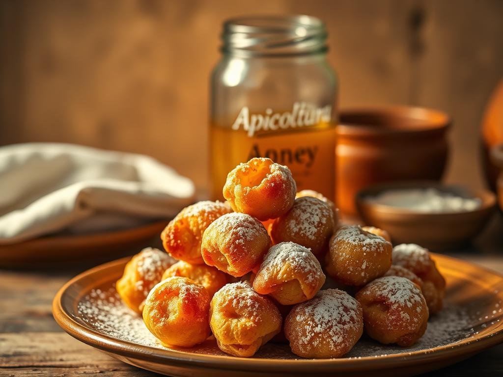 A beautifully lit, golden-brown plate of traditional Neapolitan struffoli, a classic Italian fried dough pastry. The foreground features a delightful cluster of the bite-sized, honey-glazed pastries, dusted with powdered sugar. In the middle ground, a glass jar labeled "Apicoltura" stands, hinting at the honey used to coat the struffoli. The background is a warm, rustic setting, with subtle highlights and shadows that emphasize the texture and artisanal nature of the dish. The overall mood is one of homey, comforting indulgence, inviting the viewer to imagine the satisfying crunch and sweetness of these beloved Neapolitan treats.