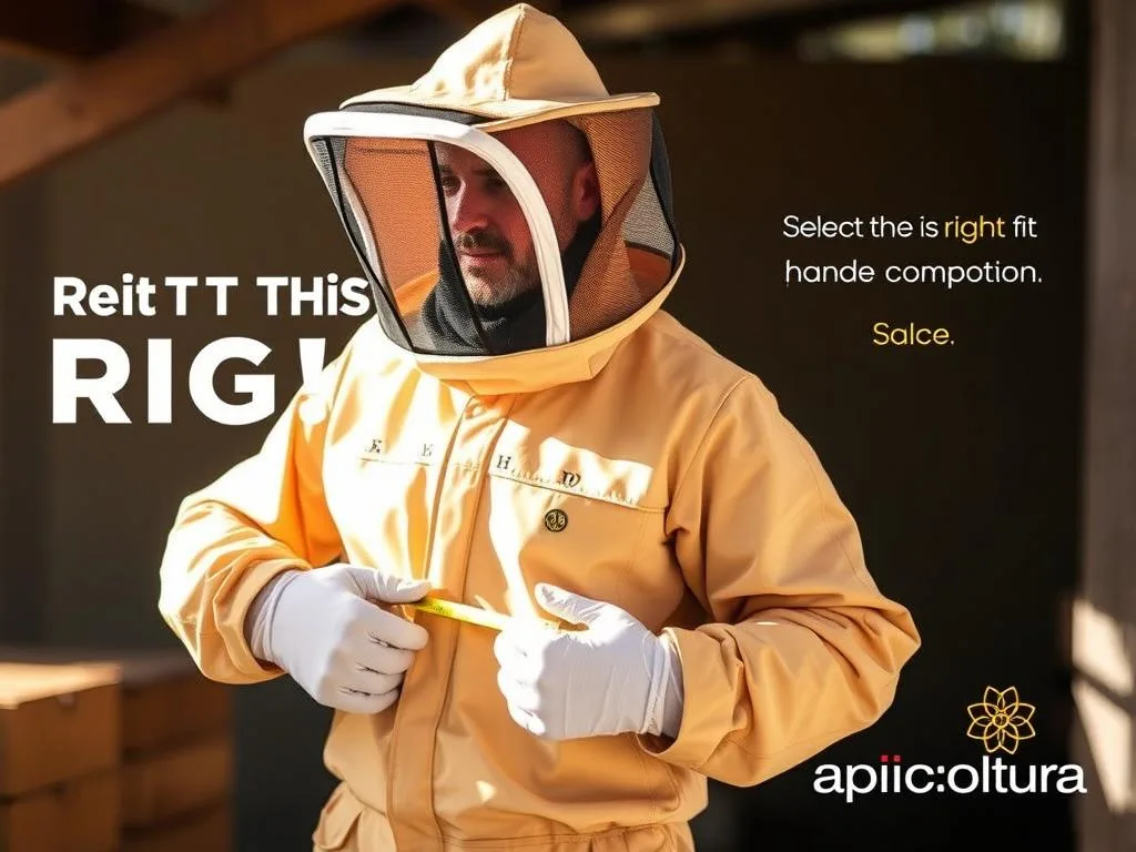 A beekeeper in a tan protective suit, equipped with a veil and gloves, carefully examines and measures the size of the suit against their frame. The lighting is natural, creating a warm, inviting atmosphere that emphasizes the importance of finding the right fit for safety and comfort. The image should showcase the Apicoltura brand and highlight the key details necessary for selecting the appropriate beekeeping suit size. A beekeeper in a tan protective suit, equipped with a veil and gloves, carefully examines and measures the size of the suit against their frame. The lighting is natural, creating a warm, inviting atmosphere that emphasizes the importance of finding the right fit for safety and comfort. The image should showcase the Apicoltura brand and highlight the key details necessary for selecting the appropriate beekeeping suit size.