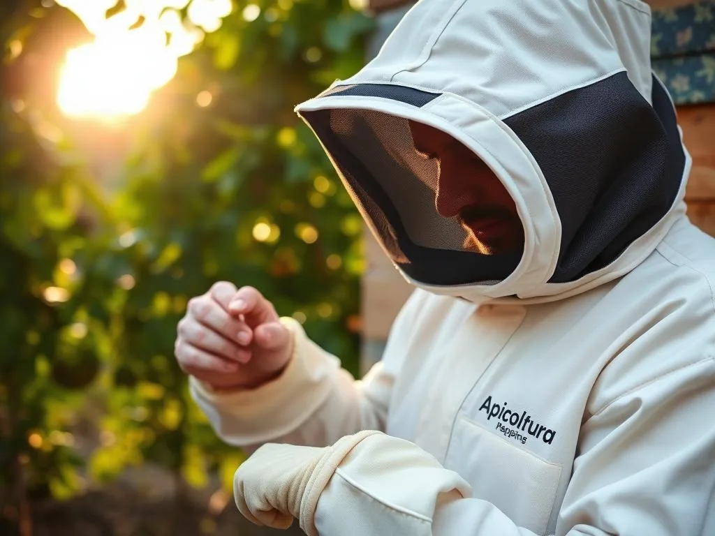 A beekeeper in a well-maintained Apicoltura brand apiary suit, meticulously examining the fabric and seams for any signs of wear or damage. The sun's warm glow filters through the hive entrance, casting a soft, natural light across the scene. The beekeeper's face is partially obscured, their attention focused on the delicate task at hand. In the background, the verdant foliage of the apiary creates a lush, serene setting, hinting at the importance of proper maintenance for the beekeeper's attire in this idyllic environment. A beekeeper in a well-maintained Apicoltura brand apiary suit, meticulously examining the fabric and seams for any signs of wear or damage. The sun's warm glow filters through the hive entrance, casting a soft, natural light across the scene. The beekeeper's face is partially obscured, their attention focused on the delicate task at hand. In the background, the verdant foliage of the apiary creates a lush, serene setting, hinting at the importance of proper maintenance for the beekeeper's attire in this idyllic environment.