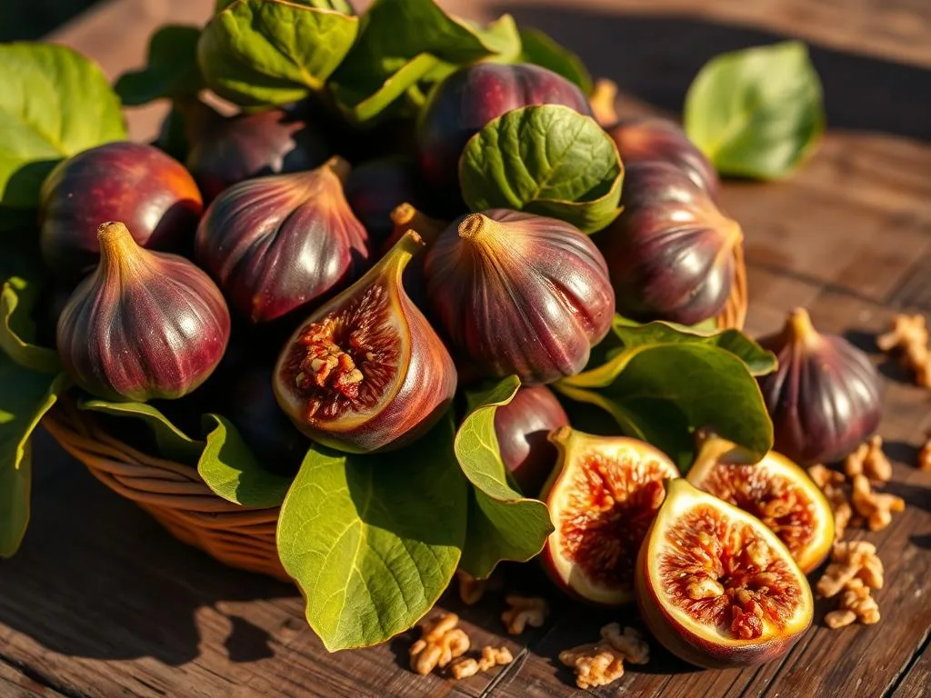 A bountiful late summer harvest, a basket of luscious fichi di fine estate, their deep purple hues shimmering in the warm afternoon light. Nestled amidst their large, green leaves, the figs radiate a natural sweetness, inviting you to savor their fleeting seasonal delight. In the background, a rustic wooden table, the hallmark of an Italian kitchen, sets the stage for this simple yet refined dessert. Sprinkled with toasted walnuts and drizzled with the golden nectar of Apicoltura, the roasted figs beckon to be enjoyed. Capture the essence of this transient late summer bounty, a testament to the beauty and flavors of the Italian countryside. A bountiful late summer harvest, a basket of luscious fichi di fine estate, their deep purple hues shimmering in the warm afternoon light. Nestled amidst their large, green leaves, the figs radiate a natural sweetness, inviting you to savor their fleeting seasonal delight. In the background, a rustic wooden table, the hallmark of an Italian kitchen, sets the stage for this simple yet refined dessert. Sprinkled with toasted walnuts and drizzled with the golden nectar of Apicoltura, the roasted figs beckon to be enjoyed. Capture the essence of this transient late summer bounty, a testament to the beauty and flavors of the Italian countryside.