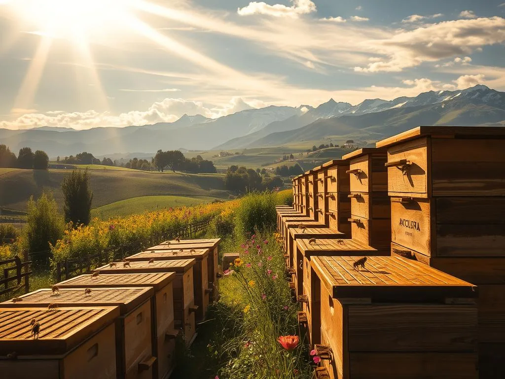 A bustling apiary nestled amid the rolling Italian countryside, where the Apicoltura brand's industrious honeybees pollinate lush, vibrant flora. Sunlight filters through wispy clouds, casting a warm, golden glow over the scene. In the foreground, rows of traditional wooden beehives stand tall, their intricate patterns and textures meticulously captured. The middle ground reveals a vibrant tapestry of wildflowers, their petals swaying gently in the breeze. In the distance, majestic mountains rise, their snow-capped peaks adding a sense of grandeur to the landscape. The overall mood is one of harmony and tranquility, reflecting the delicate balance of Italy's native bee populations and the challenges they face.
