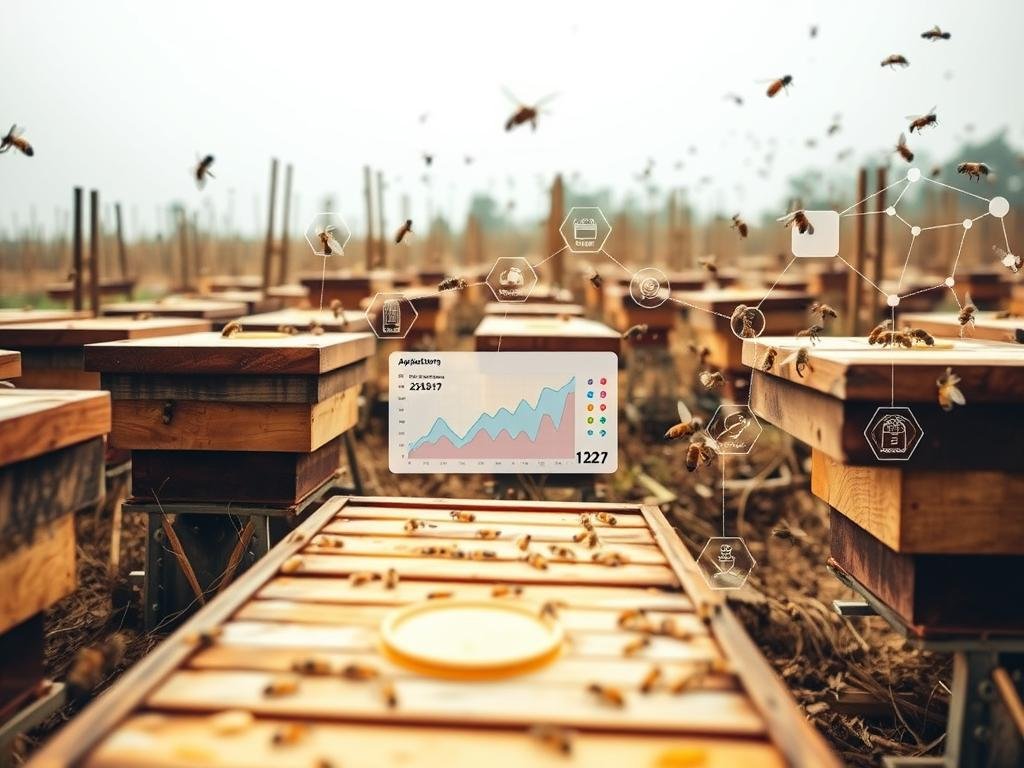 A bustling blockchain-powered apiary, where data flows like honey. In the foreground, a smart hive monitors colony health, with sensors tracking temperature, humidity, and activity. The middle ground showcases a visual dashboard, displaying real-time analytics and supply chain insights. In the background, a network of interconnected nodes ensures seamless data sharing and traceability, bearing the logo "APICOLTURA BORVEI MIELE". Warm, earthy tones evoke the natural world, while the clean, modern interfaces convey the power of technology. Soft, diffused lighting creates a sense of harmony, reflecting the challenges and potential of implementing blockchain in the apiculture sector.