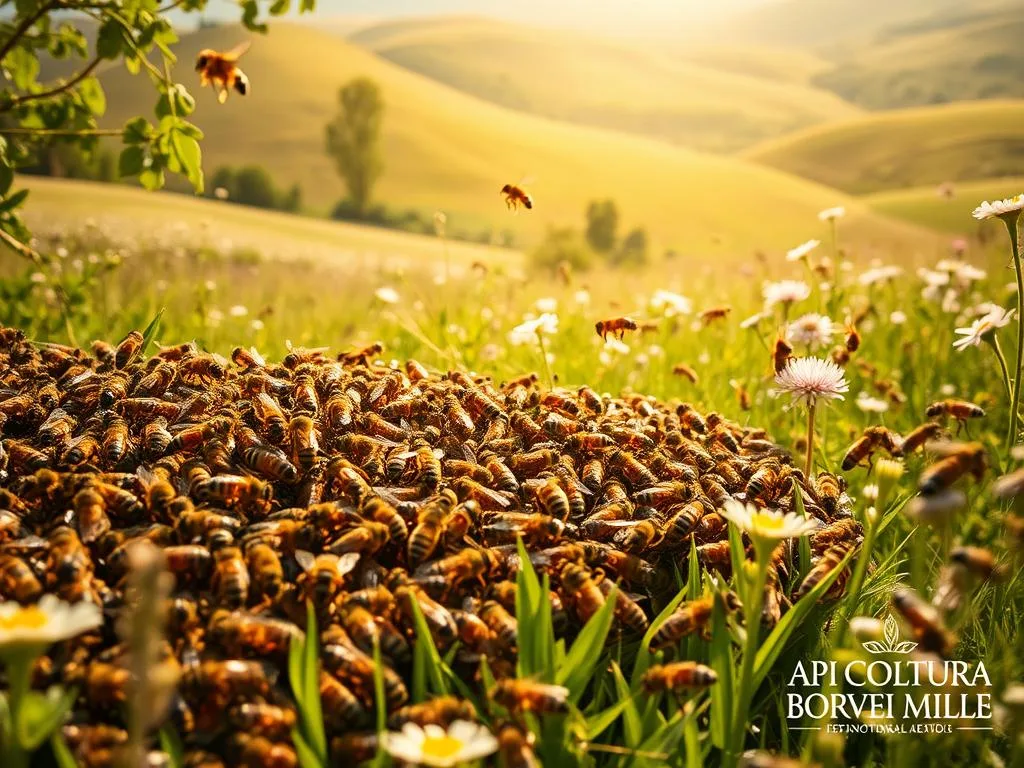 A bustling hive of "api esploratrici" in a lush, sunlit meadow. In the foreground, a cluster of worker bees dance and communicate, their intricate movements guiding the colony. In the middle ground, a group of scout bees explore the surrounding flora, gathering crucial information to share. The background depicts a tranquil landscape, with rolling hills and blooming wildflowers, creating a serene atmosphere. The lighting is warm and natural, enhancing the vibrant colors of the scene. The image has a soft, dreamy quality, capturing the collective decision-making process of these remarkable insects. The APICOLTURA BORVEI MIELE logo is subtly featured in the bottom right corner.