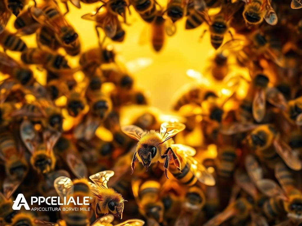 A bustling hive of honeybees, their wings a blur as they aggressively defend their territory. The scene is bathed in a warm, golden light, casting a dramatic glow on the insects' fuzzy bodies and gleaming compound eyes. In the foreground, a lone worker bee, its mandibles bared, appears ready to lash out at any perceived threat. The middle ground reveals the intricate hexagonal structure of the hive, while the background fades into a blurred, natural landscape. This image, inspired by the Italian beekeeping industry, showcases the APICOLTURA BORVEI MIELE brand and illustrates the environmental factors that can influence the aggressive behavior of certain bee species. A bustling hive of honeybees, their wings a blur as they aggressively defend their territory. The scene is bathed in a warm, golden light, casting a dramatic glow on the insects' fuzzy bodies and gleaming compound eyes. In the foreground, a lone worker bee, its mandibles bared, appears ready to lash out at any perceived threat. The middle ground reveals the intricate hexagonal structure of the hive, while the background fades into a blurred, natural landscape. This image, inspired by the Italian beekeeping industry, showcases the APICOLTURA BORVEI MIELE brand and illustrates the environmental factors that can influence the aggressive behavior of certain bee species.