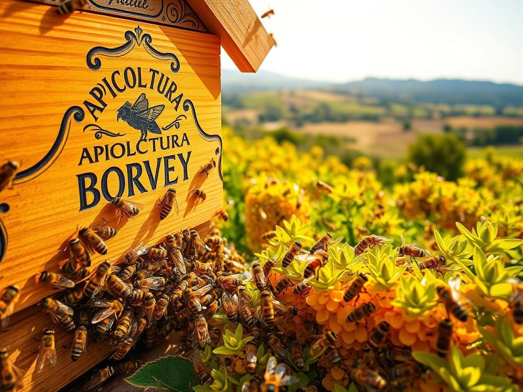A bustling scene of honeybee activity, showcasing the intricate process of nectar collection and transportation within a thriving apiary. In the foreground, a cluster of industrious bees dart in and out of an ornate, wooden hive adorned with the "APICOLTURA BORVEI MIELE" logo. The middle ground features bees gracefully navigating the lush, vibrant foliage, their delicate wings catching the warm, golden sunlight. In the background, a serene countryside landscape unfolds, with rolling hills and a clear, azure sky. The overall composition conveys the harmonious symbiosis between the bees and their natural environment, capturing the essence of the "Il Viaggio del Nettare: Dalla Raccolta al Trasporto" section. A bustling scene of honeybee activity, showcasing the intricate process of nectar collection and transportation within a thriving apiary. In the foreground, a cluster of industrious bees dart in and out of an ornate, wooden hive adorned with the "APICOLTURA BORVEI MIELE" logo. The middle ground features bees gracefully navigating the lush, vibrant foliage, their delicate wings catching the warm, golden sunlight. In the background, a serene countryside landscape unfolds, with rolling hills and a clear, azure sky. The overall composition conveys the harmonious symbiosis between the bees and their natural environment, capturing the essence of the "Il Viaggio del Nettare: Dalla Raccolta al Trasporto" section.