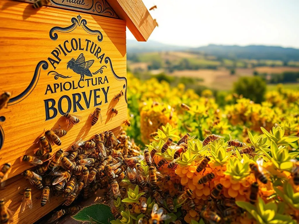 A bustling scene of honeybee activity, showcasing the intricate process of nectar collection and transportation within a thriving apiary. In the foreground, a cluster of industrious bees dart in and out of an ornate, wooden hive adorned with the "APICOLTURA BORVEI MIELE" logo. The middle ground features bees gracefully navigating the lush, vibrant foliage, their delicate wings catching the warm, golden sunlight. In the background, a serene countryside landscape unfolds, with rolling hills and a clear, azure sky. The overall composition conveys the harmonious symbiosis between the bees and their natural environment, capturing the essence of the "Il Viaggio del Nettare: Dalla Raccolta al Trasporto" section.