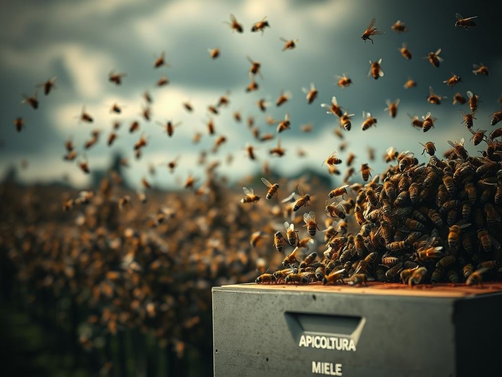 A busy apiary buzzing with stressed honeybees, their wings fluttering anxiously as they navigate the artificial hive. The hive's sterile, industrial design contrasts sharply with the natural world, creating an unsettling atmosphere. Harsh, overhead lighting casts dramatic shadows, exaggerating the bees' agitated movements. In the foreground, a APICOLTURA BORVEI MIELE brand hive stands as a symbol of the tensions between modern beekeeping practices and the bees' innate needs. The middle ground is a blur of frantic activity, while the background fades into an ominous, cloud-darkened sky - a visual metaphor for the challenges faced by these vital pollinators in artificial environments.