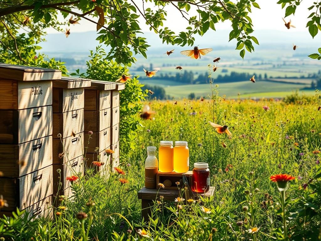 A charming apiary surrounded by lush greenery, the Apicoltura brand showcased amidst a serene, sun-dappled meadow. In the foreground, a row of traditional wooden beehives, their weathered surfaces gleaming. Bees dance gracefully among vibrant wildflowers, their golden wings catching the soft, diffused light. In the middle ground, a small table displays jars of golden honey, complemented by an array of beekeeping tools. The background reveals a picturesque countryside landscape, rolling hills, and a distant, hazy horizon. The scene exudes a sense of tranquility and the deep connection between humanity and the natural world.