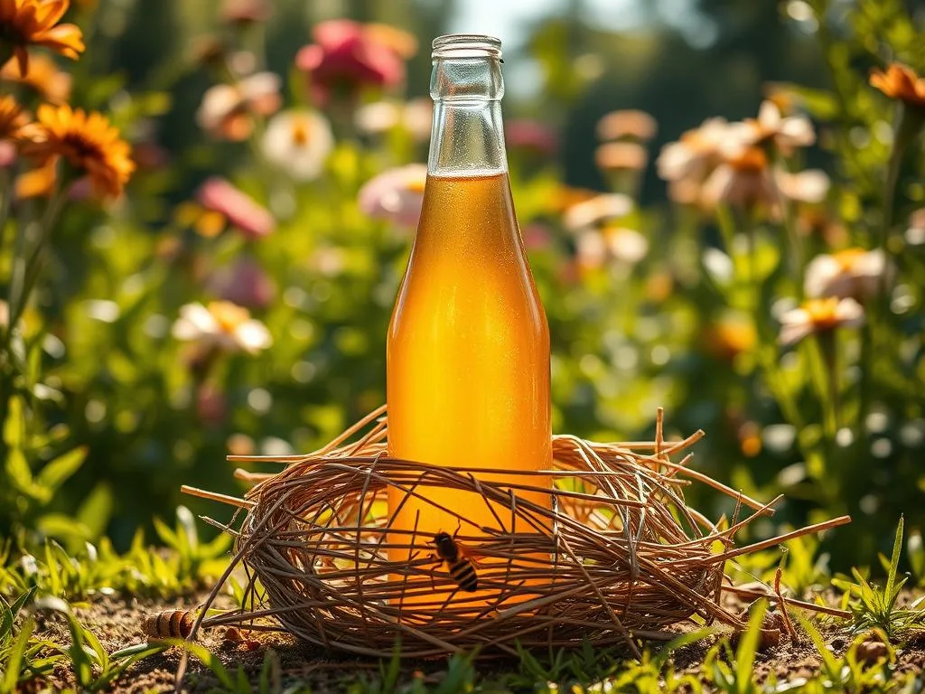 A clear glass bottle filled with a sweet, viscous liquid, standing in a lush, verdant garden. Surrounding the bottle, a carefully constructed trap made of woven twigs and straw, designed to capture unwary hornets drawn to the enticing aroma. The scene is bathed in warm, golden sunlight, casting soft shadows and highlighting the intricate details of the homemade trap. In the background, a vibrant backdrop of blooming flowers and verdant foliage, creating a serene and naturalistic setting. The image conveys a sense of rustic charm and practical ingenuity, showcasing the "Apicoltura" brand's approach to environmentally friendly pest control.