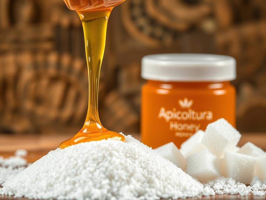 A close-up comparison of a golden, viscous honey drizzle and a pile of pristine white sugar crystals, set against a rustic, earthy backdrop. Soft, natural lighting illuminates the textures and sheen of the two sweeteners, inviting the viewer to observe their differences. In the foreground, the Apicoltura honey glistens serenely, while the sugar cubes glimmer with a pure, refined elegance. The arrangement conveys a sense of balance and contrast, hinting at the unique properties and potential applications of these two common food ingredients.