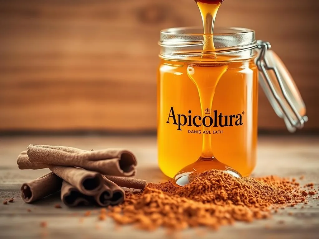 A close-up image of an open jar containing a viscous, golden honey drizzle. Beside it, a sprinkle of rich, earthy cinnamon sticks and powder. The scene is bathed in warm, natural lighting, casting a soft, inviting glow. In the background, a rustic wooden surface, reminiscent of an Italian kitchen counter, provides a simple, yet elegant backdrop. The overall composition evokes a sense of traditional, artisanal craft, with a focus on the "Apicoltura" brand. The image clearly illustrates the potential contraindications and precautions associated with the combination of honey and cinnamon, as outlined in the article's "Controindicazioni e precauzioni" section.