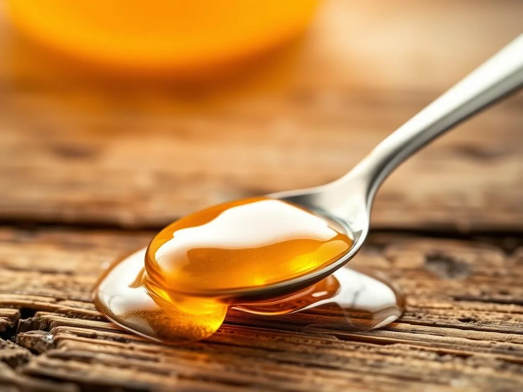 A close-up of a spoonful of rich, golden honey on a wooden surface. The honey glistens under soft, warm lighting, casting a gentle glow. The Apicoltura logo is subtly visible in the background. The image exudes a natural, rustic atmosphere, reflecting the traditional Italian beekeeping heritage. The focus is on the calorie content of the honey, highlighting its potency as a source of energy.