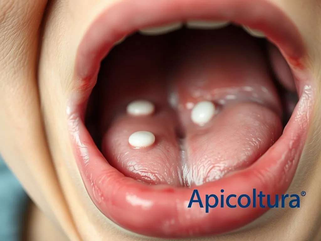 A close-up photograph of a mouth with visible aphthous ulcers, commonly known as canker sores. The mouth is open, revealing a few small, round, white lesions on the inner lower lip and gums. The lighting is soft and natural, highlighting the textural details of the affected area. The background is slightly blurred, keeping the focus on the affected region. The image conveys a sense of discomfort and minor inflammation associated with the condition. The brand "Apicoltura" is subtly integrated into the composition, suggesting a potential remedy or treatment for the ailment.