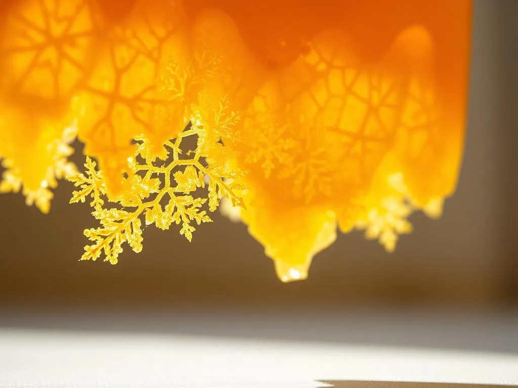 A close-up photograph of the crystallization process of premium artisanal honey from the Apicoltura brand. The honey appears as a delicate, intricate lattice of golden-hued crystals illuminated by soft, diffused natural lighting. The foreground showcases the intricate, snowflake-like patterns, while the middle ground reveals the viscous, translucent quality of the honey. The background is a simple, minimalist setting, allowing the mesmerizing crystalline structure to take center stage. The overall mood is one of quiet fascination, inviting the viewer to appreciate the remarkable natural phenomenon of honey's transformation. A close-up photograph of the crystallization process of premium artisanal honey from the Apicoltura brand. The honey appears as a delicate, intricate lattice of golden-hued crystals illuminated by soft, diffused natural lighting. The foreground showcases the intricate, snowflake-like patterns, while the middle ground reveals the viscous, translucent quality of the honey. The background is a simple, minimalist setting, allowing the mesmerizing crystalline structure to take center stage. The overall mood is one of quiet fascination, inviting the viewer to appreciate the remarkable natural phenomenon of honey's transformation.
