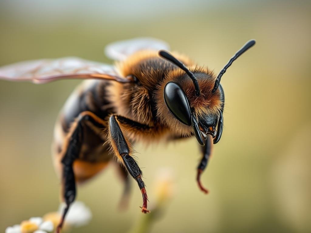 A close-up portrait of a captivating Ape Carnica, the distinct honey bee subspecies native to the alpine regions of central Europe. The bee's sleek, dark-colored body is showcased in intricate detail, its delicate antennae and compound eyes capturing the essence of this remarkable insect. The lighting is soft and naturalistic, creating a sense of depth and dimension. The background is a blurred, out-of-focus alpine meadow, hinting at the Ape Carnica's natural habitat. The overall mood is one of quiet contemplation, highlighting the beauty and importance of this vital pollinator. APICOLTURA BORVEI MIELE.