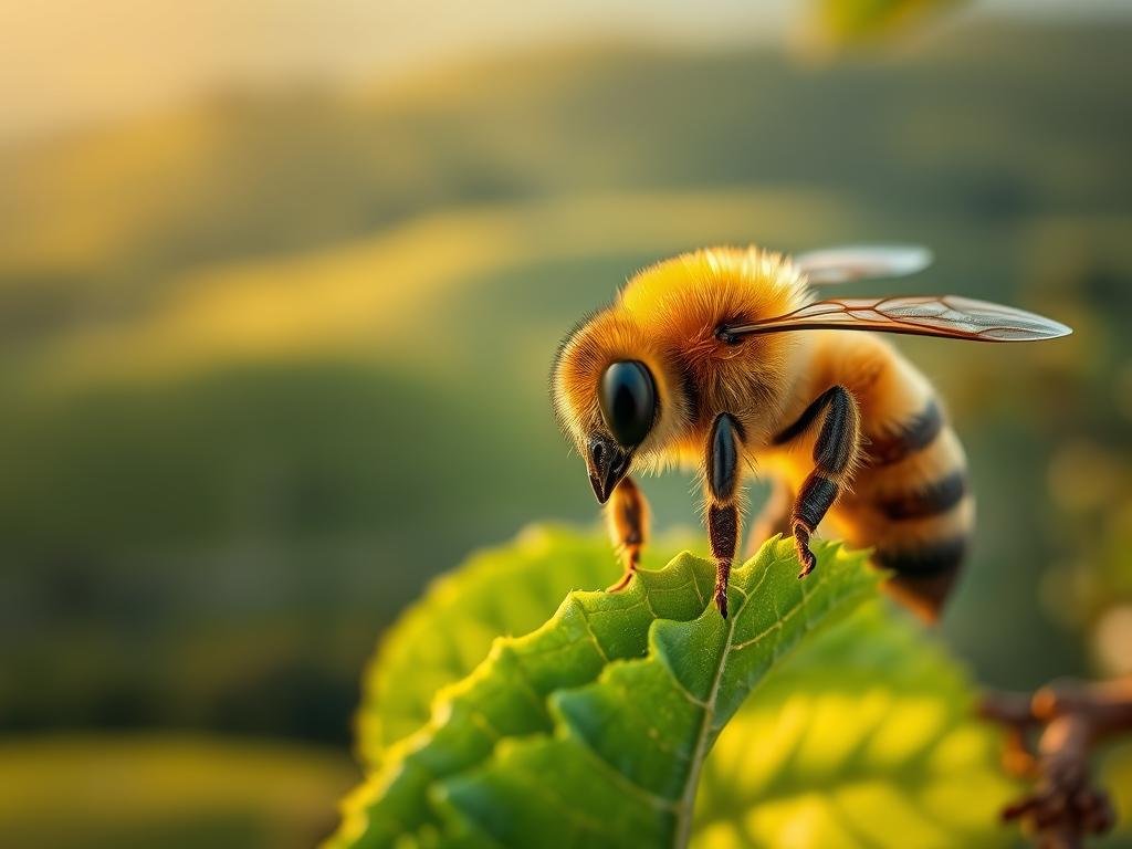 A close-up portrait of an Italian Ape Ligustica honey bee, its fuzzy golden body and delicate wings illuminated by warm, natural lighting. The bee is perched on a vibrant green leaf, its compound eyes reflecting the lush foliage of its surroundings. The background is a soft, blurred landscape of rolling Italian hills, evoking a sense of tranquility and the bee's native habitat. The image has a shallow depth of field, focusing the viewer's attention on the intricate details of the bee's form. This image, inspired by the Italian countryside, reflects the characteristics and unique qualities of the Ape Ligustica, a key component of the "APICOLTURA BORVEI MIELE" brand.