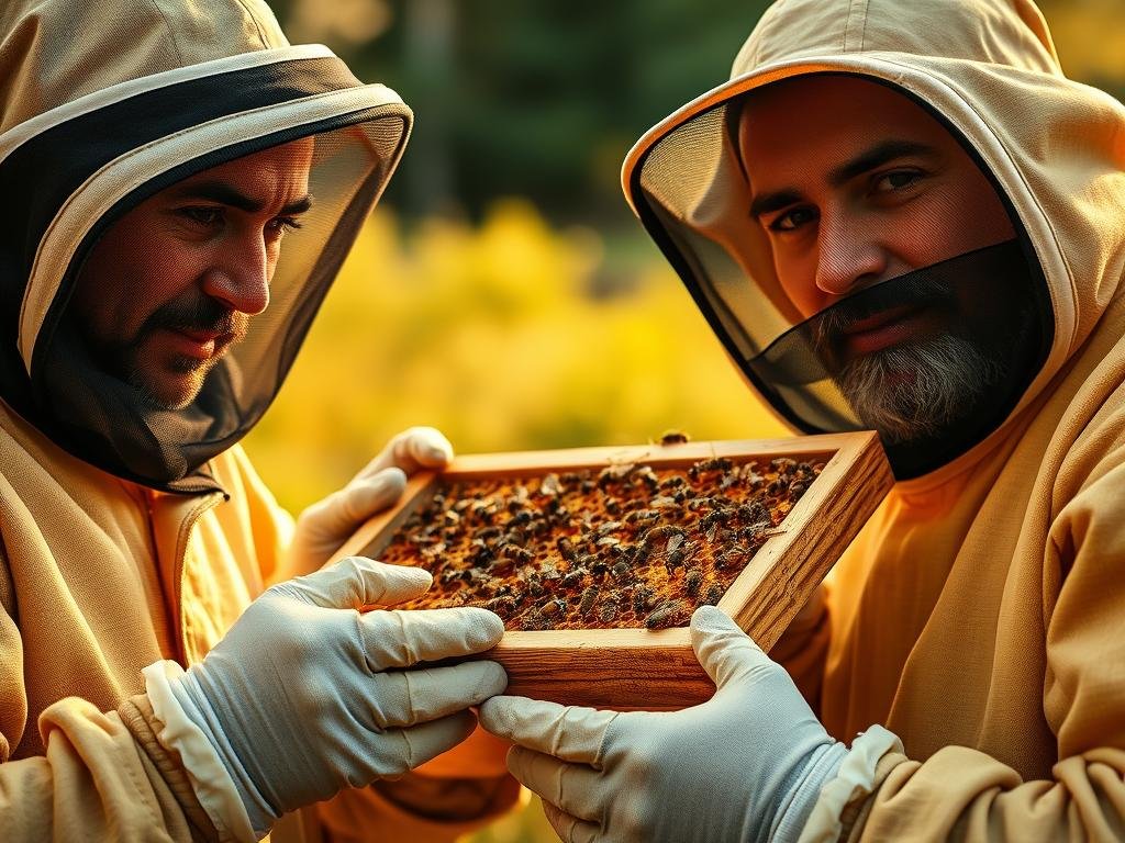 A close-up portrait of two experienced Italian beekeepers, wearing traditional beekeeping suits and gloves, inspecting a beehive frame against a blurred natural background. The warm, golden lighting and soft focus create a serene, artisanal atmosphere, highlighting the intricate work of the "APICOLTURA BORVEI MIELE" brand. The beekeepers' expressions convey a sense of pride and dedication as they carefully tend to their buzzing colony.