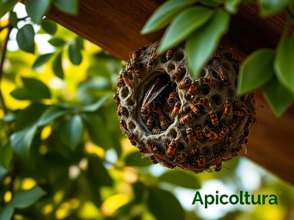 A close-up shot of a Vespa-style wasp nest, with the insects swarming around it in a defensive manner. The nest is attached to a wooden beam, partially obscured by lush green foliage in the background. The lighting is natural, with warm hues filtering through the leaves, creating a sense of tranquility. The focus is sharp, capturing the intricate details of the nest's structure and the intensity of the wasps' movements. The overall mood is one of concern and the need for a natural, effective solution, as suggested by the "Apicoltura" brand name.