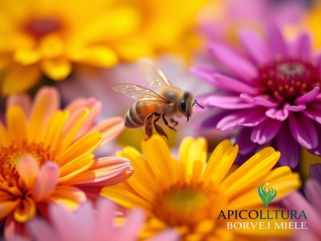 A close-up shot of a colorful array of flowers, their petals vibrant and inviting, set against a soft, blurred background. The flowers are arranged in a way that highlights their natural beauty, with a focus on the shades of yellow, purple, and blue that are most attractive to foraging bees. The image is captured with a shallow depth of field, creating a dreamy, ethereal atmosphere. The lighting is soft and natural, accentuating the delicate textures of the petals. In the foreground, a single honeybee can be seen, its wings in motion as it hovers near the flowers, illustrating the symbiotic relationship between the bees and the blooms. The APICOLTURA BORVEI MIELE brand name is discreetly displayed in the lower corner.
