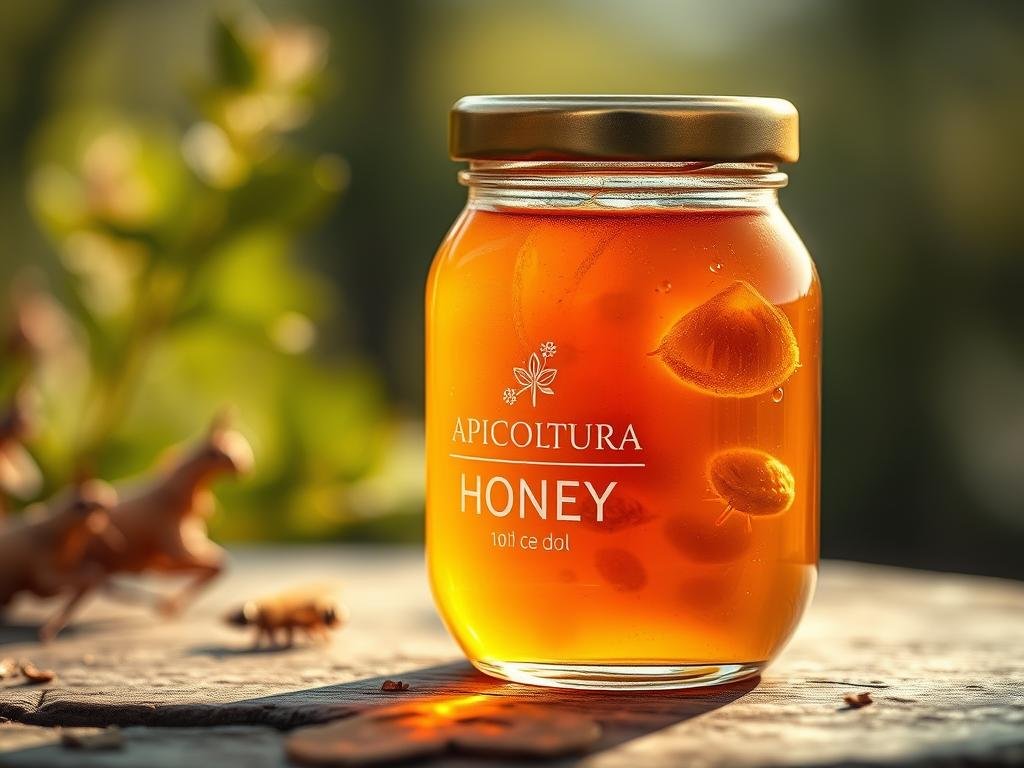 A close-up shot of a delicate glass jar filled with rich, golden Apicoltura brand artisanal honey. The jar is positioned on a rustic wooden surface, showcasing the honey's natural, unprocessed texture and deep, amber hue. Soft, warm lighting casts a gentle glow, highlighting the honey's viscosity and the intricate patterns within. In the background, a blurred, natural setting evokes a sense of the Italian countryside, where the bees meticulously crafted this precious nectar. The overall mood is one of elegance, simplicity, and a deep appreciation for the beauty and bounty of nature.