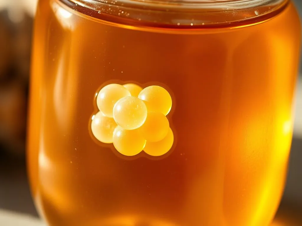 A close-up shot of a glass jar filled with a rich, golden liquid, glistening under natural lighting. Suspended within the honey, a cluster of pale, delicate Royal Jelly pearls shimmers, reflecting the warmth of the scene. The jar is set against a soft, out-of-focus background, emphasizing the purity and nutritional value of this "Apicoltura" specialty. The composition highlights the synergistic combination of the honey and Royal Jelly, conveying the essence of this potent superfood blend.