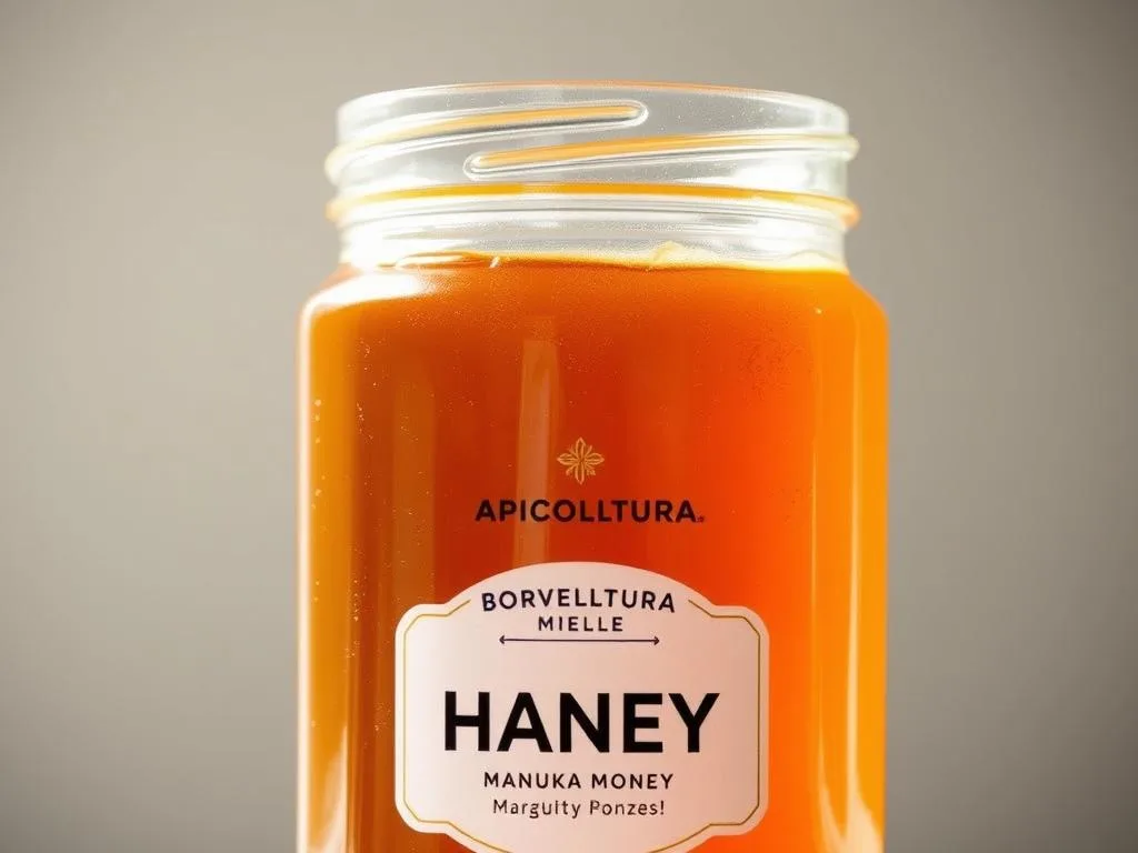 A close-up shot of a glass jar filled with rich, golden Manuka honey. The viscous liquid glistens under the warm, natural lighting, revealing its distinctive caramel hue. The jar is set against a simple, clean background, allowing the honey to take center stage. The APICOLTURA BORVEI MIELE brand name is clearly visible on the label. This image effectively captures the essence of Manuka honey, highlighting its unique qualities and the potential benefits it may have for liver health and detoxification, as described in the article's section on "Altri Tipi di Miele e Loro Effetti sul Fegato".