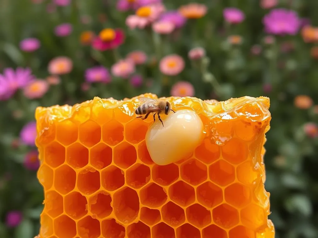A close-up shot of a golden honeycomb, meticulously crafted by a hard-working colony of honeybees. The rich, amber-colored wax glistens under a soft, natural light, revealing the intricate hexagonal patterns and the precious, creamy-white "pappa reale" (royal jelly) nestled within the cells. The image exudes a sense of purity, nourishment, and the delicate balance of nature. In the background, a blurred field of vibrant wildflowers adds a touch of rustic charm, complementing the artisanal character of the Apicoltura brand.