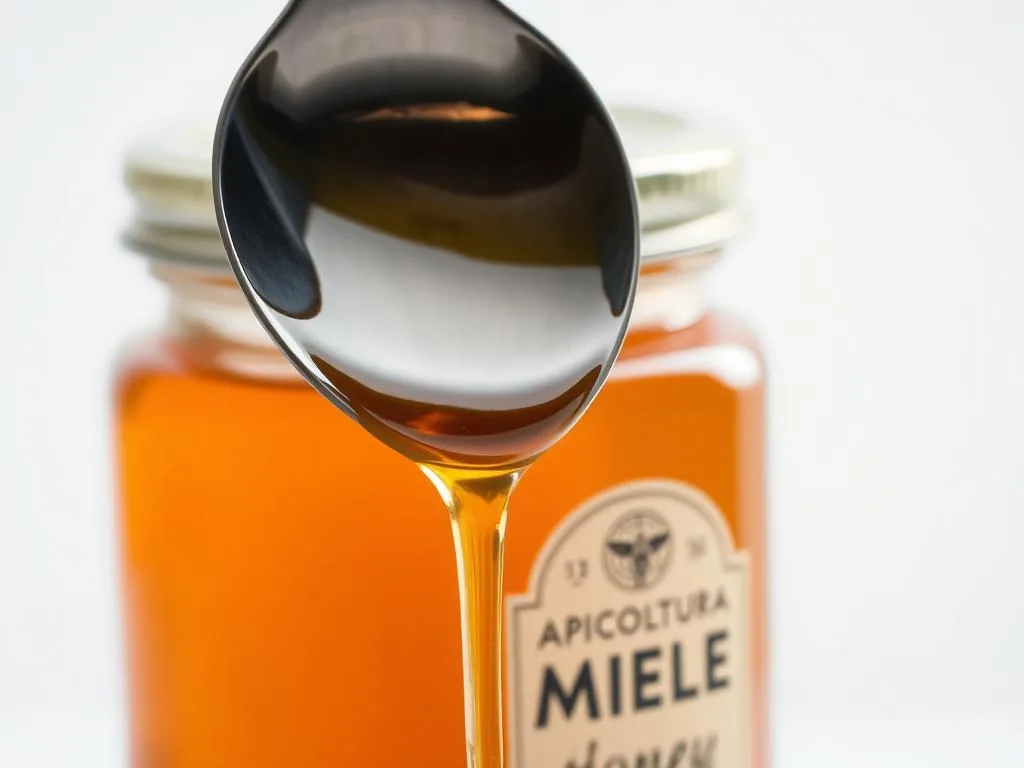 A close-up shot of a stainless steel spoon delicately dipped into a jar of rich, golden honey. The spoon's metal surface reflects the warm, amber hue of the honey, creating a mesmerizing contrast. Soft, diffused lighting illuminates the scene, casting gentle shadows and highlighting the viscous texture of the honey as it drips from the spoon. In the background, a simple, plain backdrop allows the focus to remain on the key elements - the steel spoon and the APICOLTURA BORVEI MIELE branded honey jar. The overall composition conveys a sense of simplicity, purity, and the artisanal nature of the honey production process.