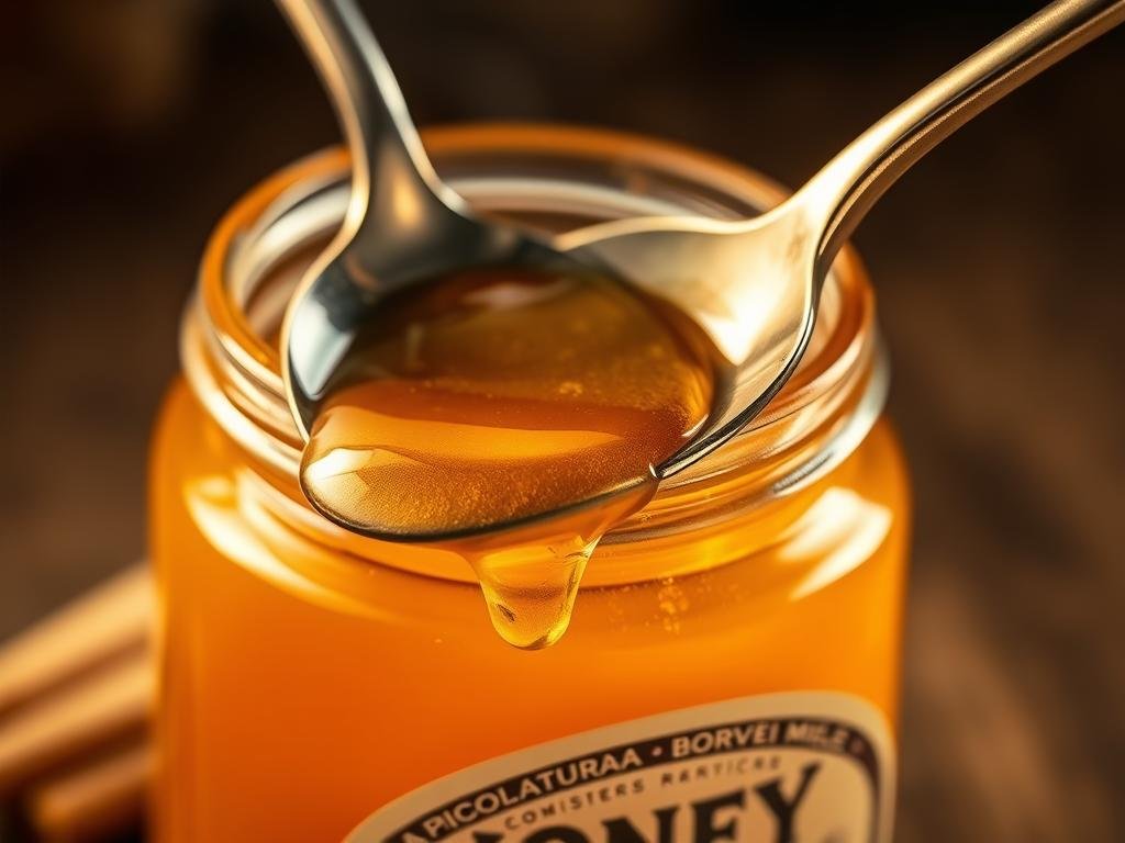 A close-up shot of a vintage, stainless steel honey spoon dipped into a glass jar of golden, viscous honey. The lighting is warm and soft, creating a cozy, rustic atmosphere. The spoon's polished surface reflects the honey's shimmering hues, while the jar's label displays the brand name "APICOLTURA BORVEI MIELE". The image is designed to visually support the section title "La credenza popolare: il metallo danneggia il miele?" and convey the subject of the article.