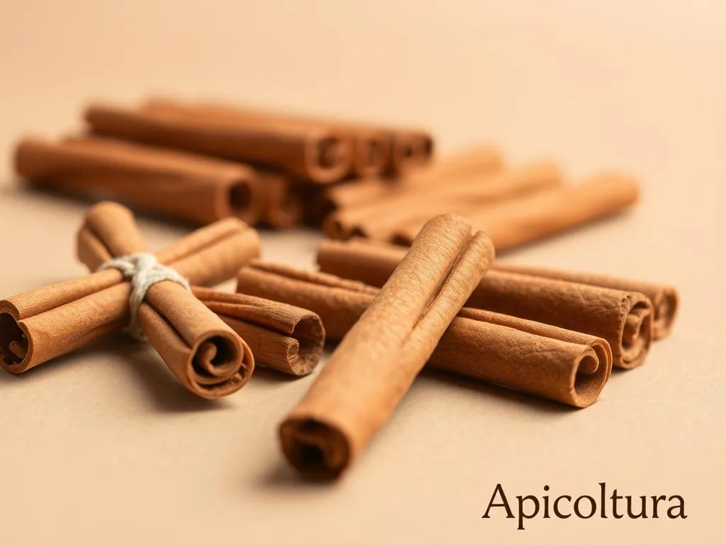 A close-up shot of an assortment of cinnamon sticks, revealing their rich, warm brown color and distinctive rolled texture. The cinnamon is highlighted against a plain, neutral background, allowing the viewer to focus on the intricate details and patterns of the spice. The lighting is soft and diffused, creating a gentle, inviting atmosphere. In the foreground, a few cinnamon sticks are arranged neatly, while in the middle ground, additional sticks are scattered in a more natural, organic manner. The overall composition emphasizes the beauty and versatility of this flavorful spice. The image is labeled with the brand name "Apicoltura" to represent the high-quality, artisanal nature of the product.
