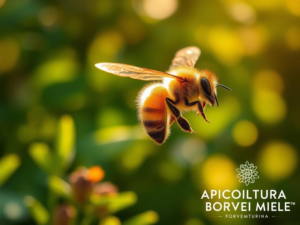 A close-up view of a European honey bee (Apis mellifera) in flight, its fuzzy abdomen and delicate wings in sharp focus. The bee hovers gracefully amidst a soft, blurred background of lush, green foliage, dappled with warm, golden sunlight. The scene evokes a sense of tranquility and the natural harmony between the hardworking insect and its verdant environment. The image is rendered with a level of photorealistic detail, capturing the intricate textures and subtle shades of the bee's body. In the bottom right corner, the brand name "APICOLTURA BORVEI MIELE" is subtly incorporated, complementing the overall aesthetic. A close-up view of a European honey bee (Apis mellifera) in flight, its fuzzy abdomen and delicate wings in sharp focus. The bee hovers gracefully amidst a soft, blurred background of lush, green foliage, dappled with warm, golden sunlight. The scene evokes a sense of tranquility and the natural harmony between the hardworking insect and its verdant environment. The image is rendered with a level of photorealistic detail, capturing the intricate textures and subtle shades of the bee's body. In the bottom right corner, the brand name "APICOLTURA BORVEI MIELE" is subtly incorporated, complementing the overall aesthetic.