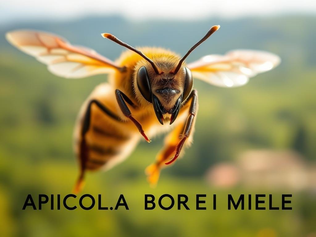 A close-up view of a European honeybee (Apis mellifera) in a defensive posture, its wings spread and abdomen raised, set against a blurred background of a lush, verdant Italian countryside. The lighting is soft and natural, casting warm hues across the scene. The bee's compound eyes glisten with intensity, capturing its aggressive, protective instincts. In the foreground, the text "APICOLTURA BORVEI MIELE" is prominently displayed, indicating the source of this captivating image. A close-up view of a European honeybee (Apis mellifera) in a defensive posture, its wings spread and abdomen raised, set against a blurred background of a lush, verdant Italian countryside. The lighting is soft and natural, casting warm hues across the scene. The bee's compound eyes glisten with intensity, capturing its aggressive, protective instincts. In the foreground, the text "APICOLTURA BORVEI MIELE" is prominently displayed, indicating the source of this captivating image.