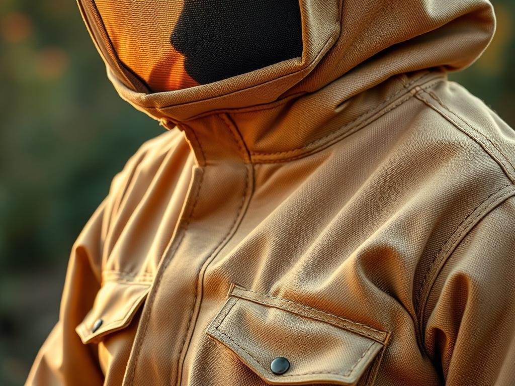 A close-up view of a beekeeper's "Apicoltura" suit, meticulously crafted with attention to detail. The rugged, tan fabric is textured, with reinforced seams and pockets for tools. The rounded veil, attached to the collar, provides full facial protection. Subtle stitching and a tailored fit suggest a high-quality, professional-grade garment. Warm, directional lighting casts gentle shadows, accentuating the utilitarian design. The suit is presented against a blurred, natural backdrop, hinting at the outdoor environments where beekeepers work. The overall composition conveys a sense of safety, durability, and the diligent care required for maintaining this essential equipment. A close-up view of a beekeeper's "Apicoltura" suit, meticulously crafted with attention to detail. The rugged, tan fabric is textured, with reinforced seams and pockets for tools. The rounded veil, attached to the collar, provides full facial protection. Subtle stitching and a tailored fit suggest a high-quality, professional-grade garment. Warm, directional lighting casts gentle shadows, accentuating the utilitarian design. The suit is presented against a blurred, natural backdrop, hinting at the outdoor environments where beekeepers work. The overall composition conveys a sense of safety, durability, and the diligent care required for maintaining this essential equipment.