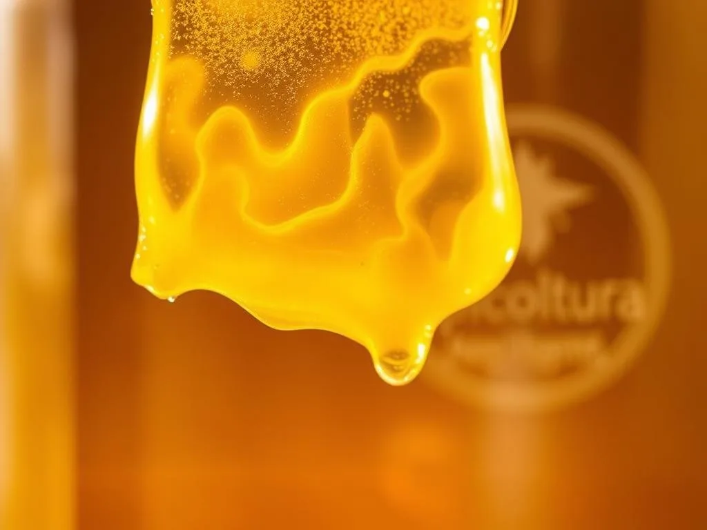 A close-up view of a golden-yellow, glistening substance known as "pappa reale" (royal jelly), a nutrient-rich secretion produced by worker bees and fed to the queen bee. The substance is captured in a glass jar, illuminated by warm, natural lighting that emphasizes its viscous, creamy texture. In the background, the Apicoltura logo is subtly visible, indicating the source of this high-quality, artisanal royal jelly. The image conveys the essence of this precious bee product, which is the focus of the article section "Che cos'è la pappa reale e il miele con pappa reale".