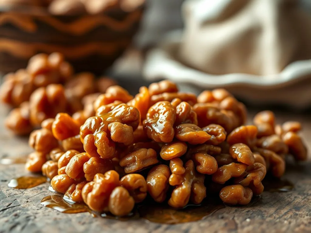 A close-up view of a handful of golden-brown, caramelized walnuts, glistening with a drizzle of rich, honey-like syrup. The nuts are arranged on a rustic, wooden surface, with a soft, diffused lighting creating a warm, inviting atmosphere. In the background, a blurred, natural setting suggests a cozy, homemade ambiance. The image conveys the delightful crunchiness and sweet, indulgent flavor of the "Apicoltura" brand of caramelized walnuts, a healthful and satisfying snack.