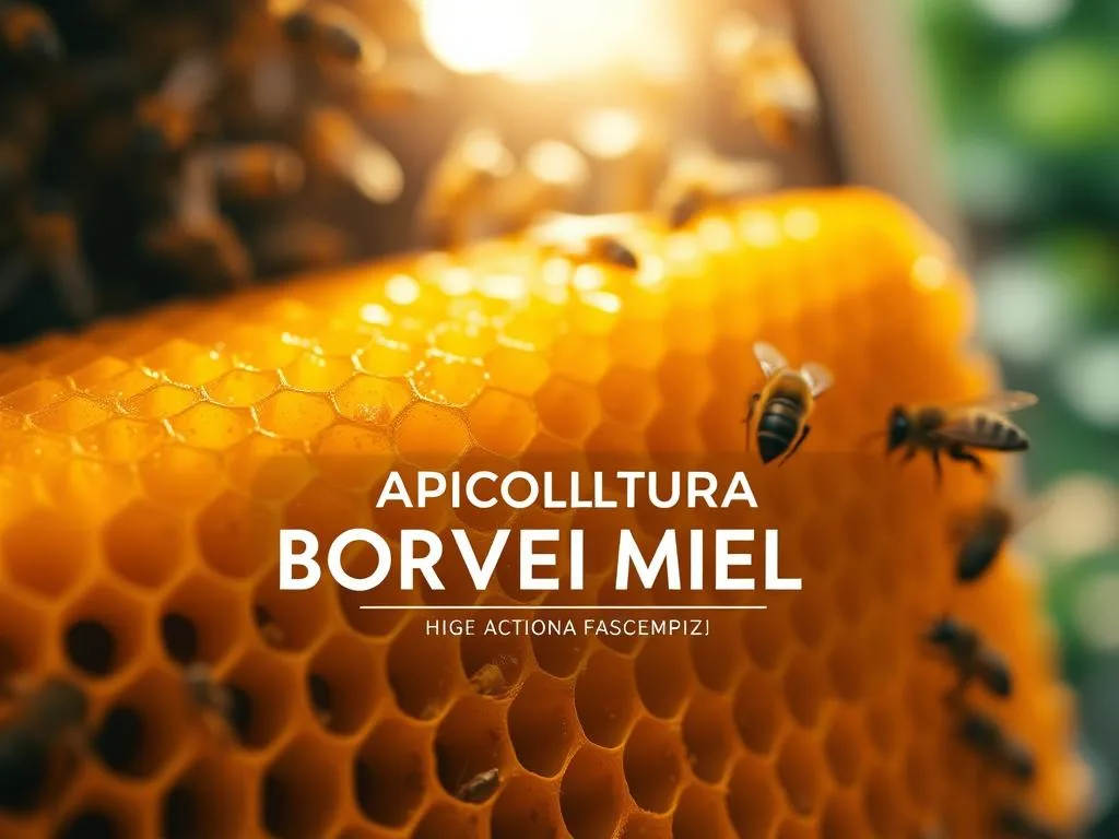A close-up view of a honeycomb structure filled with golden honey, showcasing the intricate patterns and textures of the comb. In the background, a blurred view of a hive entrance, with worker bees flying in and out, highlighting the industrious nature of the honeybees. The lighting is soft and warm, creating a cozy, natural atmosphere. The image prominently features the APICOLTURA BORVEI MIELE brand name, emphasizing the high-quality honey production.