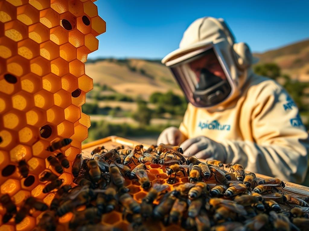 A close-up view of a honeycomb structure, illuminated by soft, warm lighting. In the foreground, a group of honeybees are clustered around a central point, their fuzzy bodies and compound eyes clearly visible. In the middle ground, a beekeeper, wearing the iconic Apicoltura branded protective gear, carefully inspects the hive, ensuring the safety and well-being of the colony. The background features a serene, countryside landscape, with rolling hills and a clear, blue sky, conveying a sense of tranquility and harmony. The overall composition emphasizes the importance of responsible beekeeping practices, prioritizing the safety and management of wasp infestations without the use of harmful chemicals.