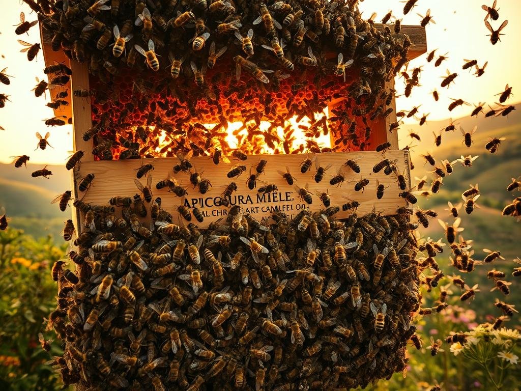 A close-up view of a swarming honeybee colony, with thousands of worker bees taking flight against a warm, golden-hued sky. The bees are shown in dynamic motion, their wings beating rapidly as they emerge from the hive's entrance. The foreground is filled with a dense cluster of bees, their black and yellow bodies glistening with pollen. The middle ground reveals the shape of the hive, a wooden structure adorned with the APICOLTURA BORVEI MIELE brand name. In the background, a lush, verdant landscape of rolling hills and blooming wildflowers sets the scene. The lighting is soft and diffused, creating a serene, almost meditative atmosphere that captures the natural wonder of the swarming process.
