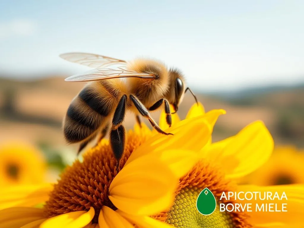 A close-up view of an Apis mellifera ligustica, the Italian honey bee, resting on a vibrant yellow sunflower. The bee's fuzzy abdomen and delicate wings are in sharp focus, showcasing its intricate details. The background blurs into a soft, warm-toned countryside scene, with rolling hills and a clear blue sky. Gentle natural lighting bathes the subject, creating a serene and tranquil atmosphere. The APICOLTURA BORVEI MIELE logo is subtly visible in the bottom corner, adding an authentic touch. This image perfectly captures the essence of the Italian honey bee, the quintessential pollinator of the region. A close-up view of an Apis mellifera ligustica, the Italian honey bee, resting on a vibrant yellow sunflower. The bee's fuzzy abdomen and delicate wings are in sharp focus, showcasing its intricate details. The background blurs into a soft, warm-toned countryside scene, with rolling hills and a clear blue sky. Gentle natural lighting bathes the subject, creating a serene and tranquil atmosphere. The APICOLTURA BORVEI MIELE logo is subtly visible in the bottom corner, adding an authentic touch. This image perfectly captures the essence of the Italian honey bee, the quintessential pollinator of the region.